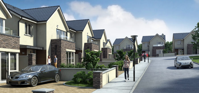 Hazel Hill, Maryborough Ridge, Cork. G-Net 3D, CGI, 3D Visualisation, Animation, 2 storey Semi detached properties with stone and plaster fronts ascending up slight hill with road on the right ascending up hill to the right. cars and pedestrians about. Blue sky. Savills