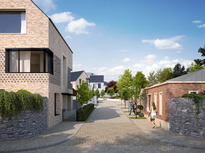 Manor View, Architectural Visualisation, CGI, 3D Animation, Street View, People walking on pavement, blue sky, road into horizon, two storey building on the left, 1 storey red brick bungalow on the right, housing estate on the horizon. https://www.gnet.ie/