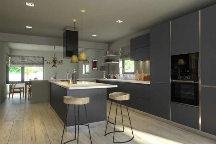 Contemporary Kitchen Design. Produced by the award winning team at G-Net 3D. Interior Design Visualisation. 3D CGI interior model. L-shaped, build in, contemporary, clean kitchen with island, finished in dark grey with white, marble counter top, light maple flooring, corner view with kitchen and island nearest, looking down into open plan diner with window.