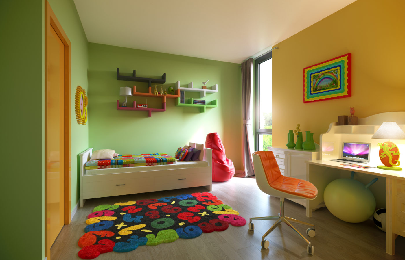 Contemporary Child's Room. Produced by the award winning team at G-Net 3D. Interior Design CGI model. 3D Visualisation Company. Corner view, with custard yellow and pea green contrasting walls with colourful rug, and desk in right hand corner, with single bed in opposite corner near pine door. Floor to ceiling window pours light over the bed.