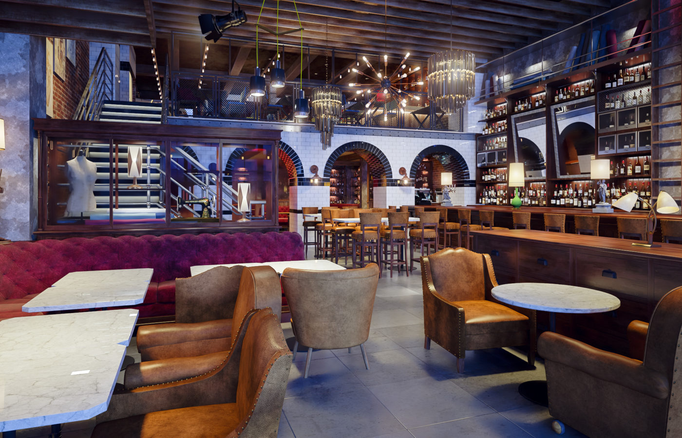 New York Pub, Interior Design. Produced by G-Net 3D based on plans by ODA Architecture. Mixed Contemporary Classic bar feature design with exposed red brick, dark brown bar and brown leather armchairs and feature piece exploding firework light. Exposed beam ceiling.